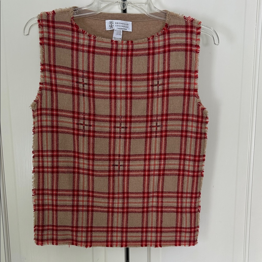 Brunello Cucinelli Red and Tan Plaid Cashmere Top size M